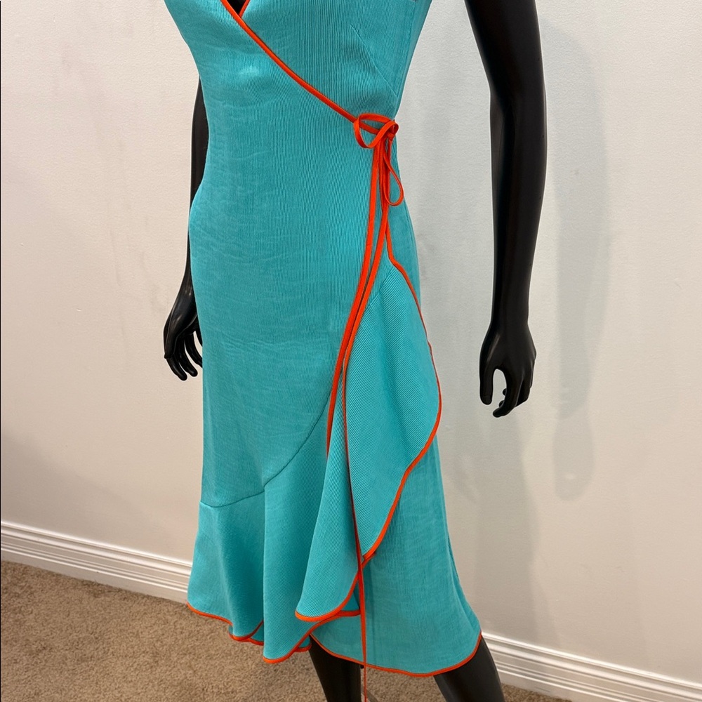 DIANE VON FURSTENBERG Turquoise Wrap Dress Orange Trim trending Luxury DVF 2 NEW - Picture 5 of 11